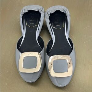Roger Vivier Light Gray Patent Ballet Flats with Gold Buckle